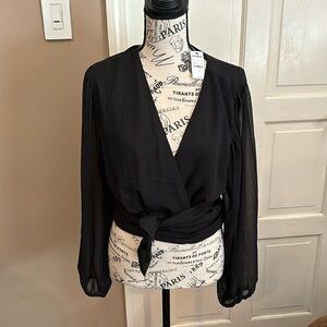 NWTExpress black top sheer sleeve wrap around attached sash size medium